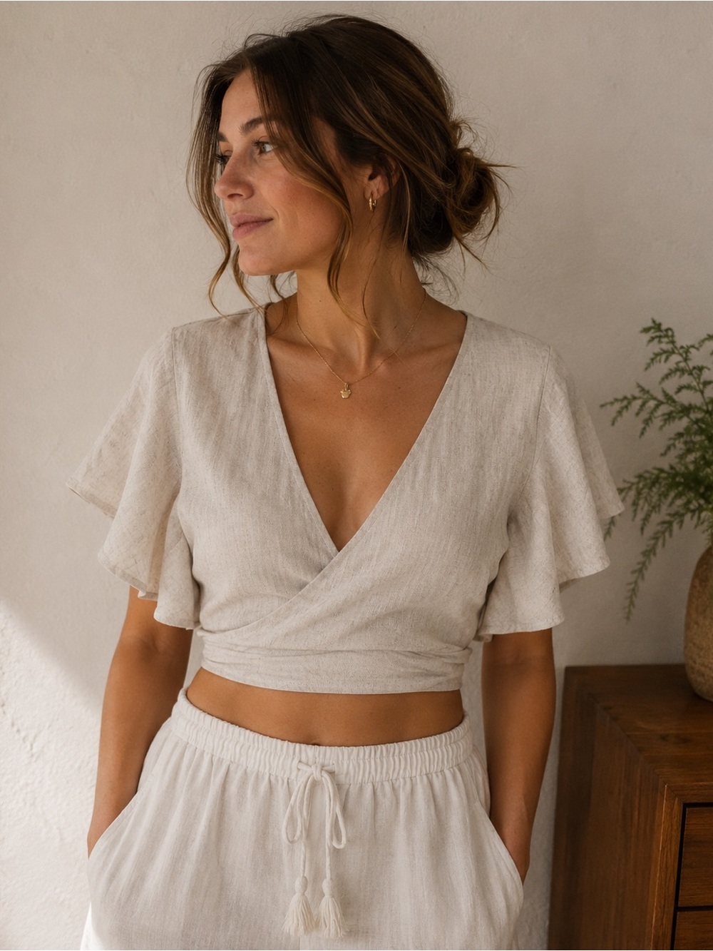 LILYFUL sz L linen rayon blend crop top ruffled sleeves wrap tie NWT beige